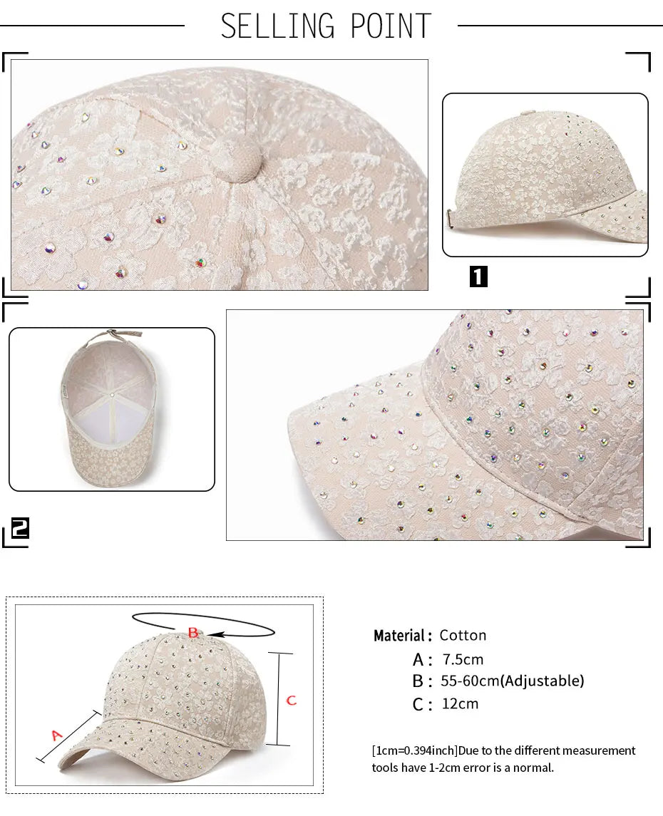 CNTANG Sommer-baseballkasket til kvinder med rhinestones og blomsterbroderi, snapback-kasket til kvinder, designer-solhat, hiphop-kasketter i Y2K-stil