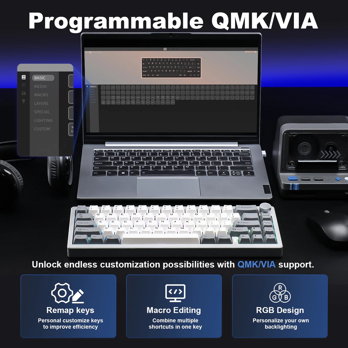 YUNZII AL68 Silver Aluminum Mechanical Gaming Keyboard, QMK/VIA Wireless Keyboard, Hot Swap Gasket Custom Keyboard with Knob