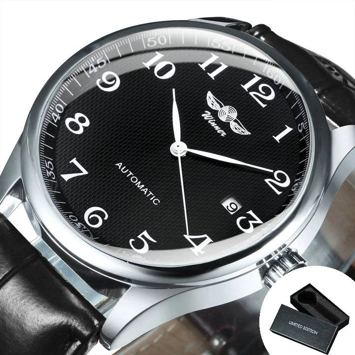 Montre classique pour homme – Style rétro avec calendrier et aiguilles bleues, mouvement mécanique automatique, marque de prestige, boîtier en acier et bracelet en cuir