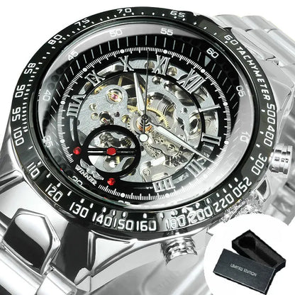 Relógio automático para homem WINNER – Modelo esqueleto transparente, ponteiros luminescentes, bracelete em aço inoxidável, relógio mecânico de marca de luxo