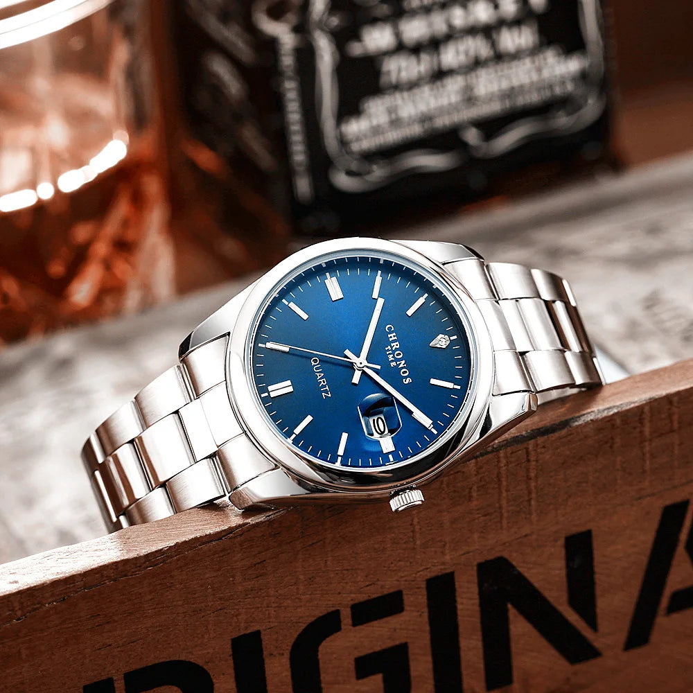 CHRONOS herenpolshorloge – Luxemerk, waterdicht, verlicht, met datumweergave, van roestvrij staal, met quartz-uurwerk.