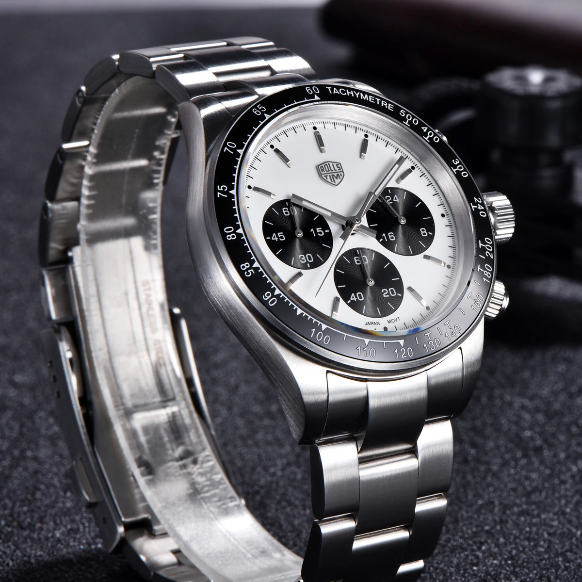 Relógios masculinos Rolls Timi Panda – Cronógrafo de quartzo, modelo de luxo, vidro de safira com tratamento antirreflexo, estanque, estilo desportivo