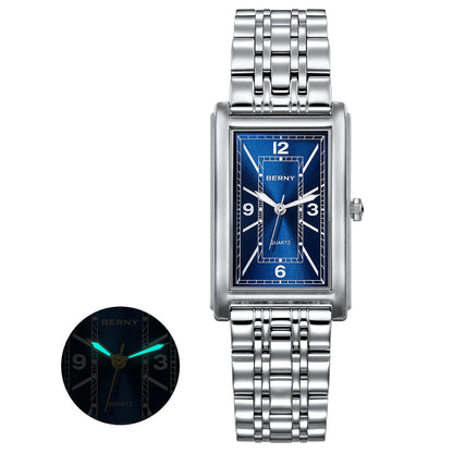 Montre carrée pour homme BERNY – Mouvement à quartz, cadran à chiffres romains, affichage luminescent, boîtier en acier inoxydable 316L – Montre rectangulaire élégante et décontractée
