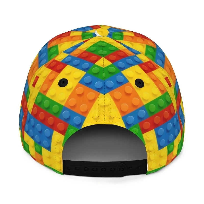 Farverig baseballkasket med byggeklods-print til børn – unisex solhat med UV-beskyttelse – afslappet udendørs hat til legetøjsentusiaster og modebevidste fædre