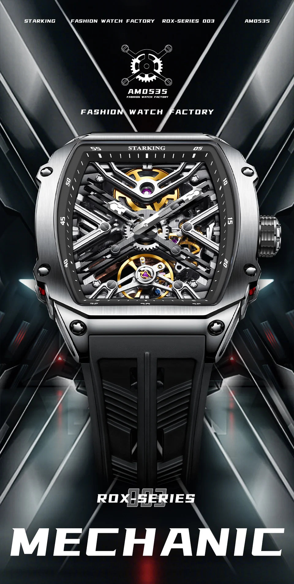 STARKING Men's Waterproof Sports Mechanical Watches Wear-resistant Silicone Strap Automatic Watch Luminous Tonneau Luxury Watch
