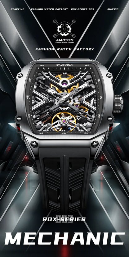 STARKING Men's Waterproof Sports Mechanical Watches Wear-resistant Silicone Strap Automatic Watch Luminous Tonneau Luxury Watch