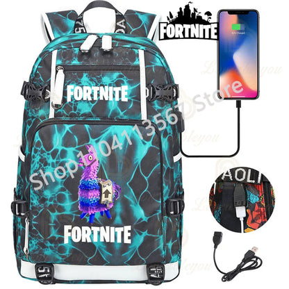 Red Jade F-Fortnited Battle Royale Backpack with USB Charging Anime Figures Study Stationery Compartment for Students Mochila
