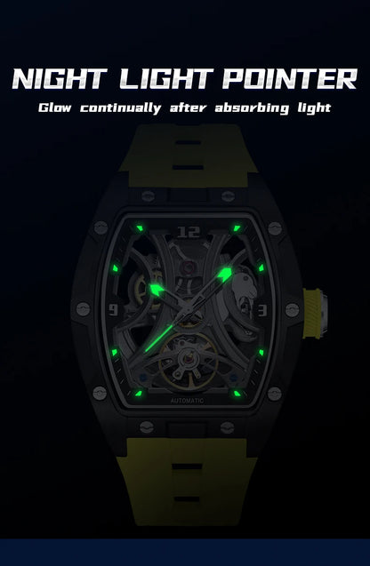 MEGIR Sports Style Automatic Mechanical Watch for Men Full Hollow Transparent Dial Design Stainless Steel Case Silicone Strap