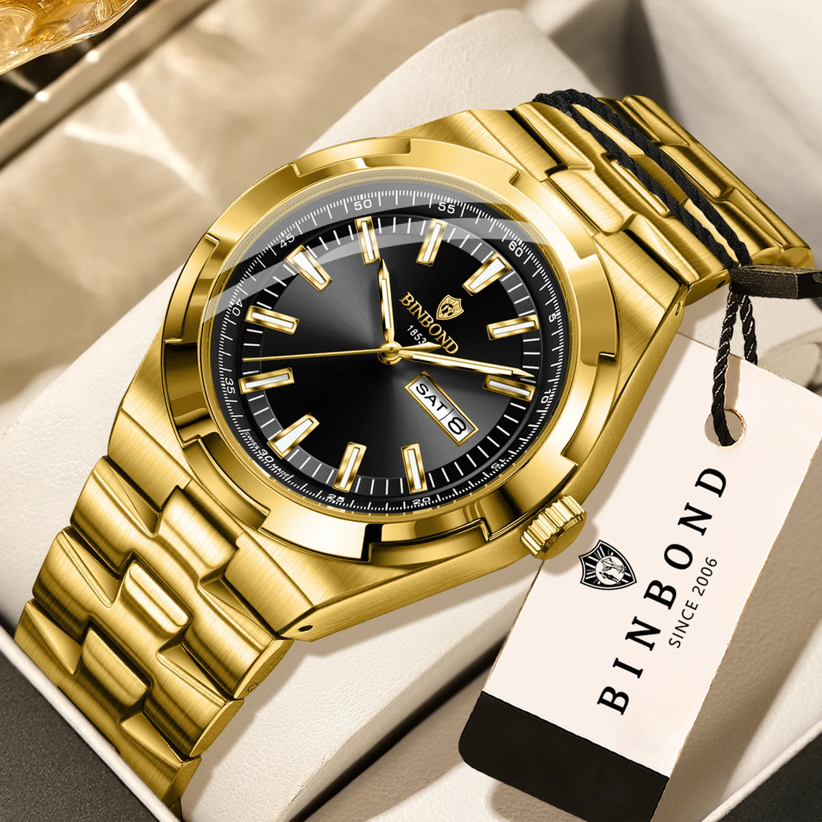 Montres à quartz BINBOND en acier inoxydable pour hommes – Montre de luxe, étanche et luminescente – Modèle original pour homme
