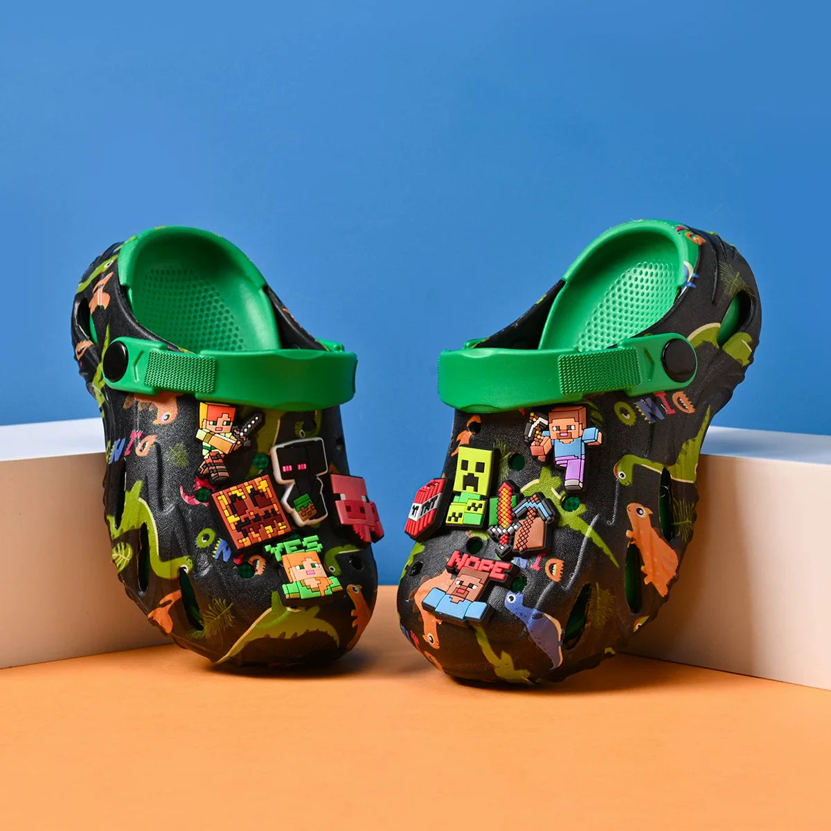 Minecrafts Clogs Non Slip Closed Toe Sandals Adjustable Strap Classic Dinosaur Printed For Beach Outdoor Walking Daily Leisure