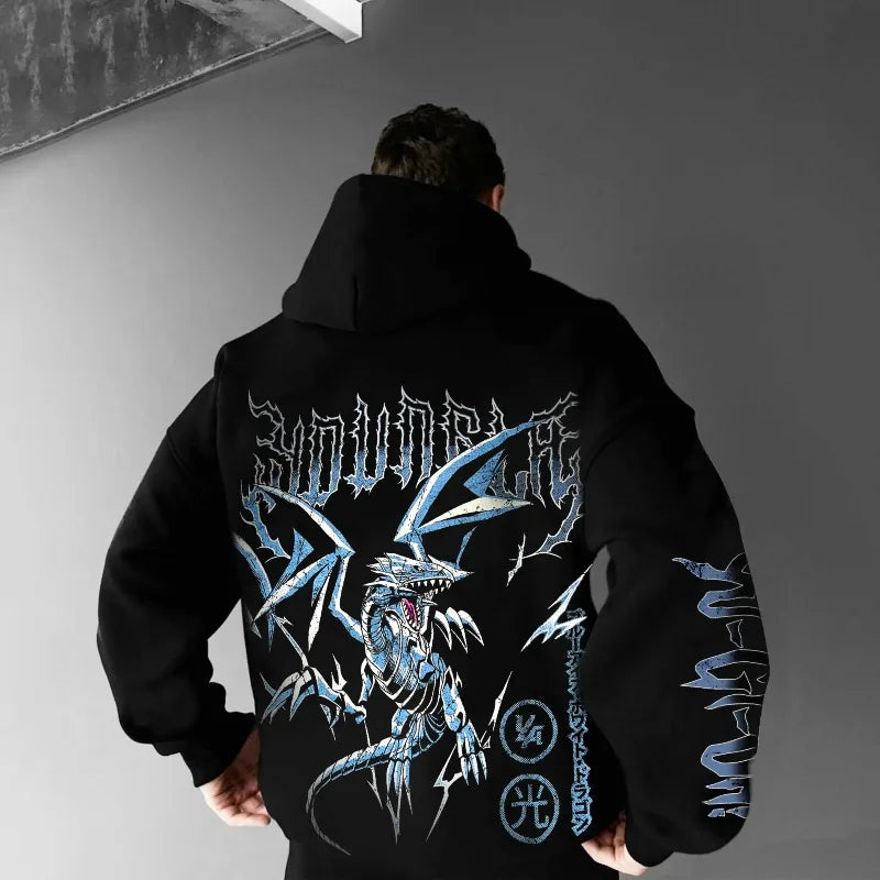 Classic Anime Yu Gi Oh Character Blue Eyed White Dragon Printed Male Autumn/Winter Thick and Wide Y2K Halloween COS Wide Hoodie