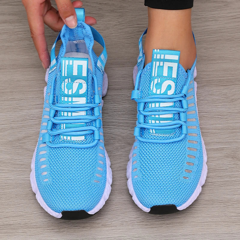 Calçado desportivo para mulher em malha, leve, com sola macia, tira para jogging, respirável, moderno, para caminhada, ténis casual raso para homem