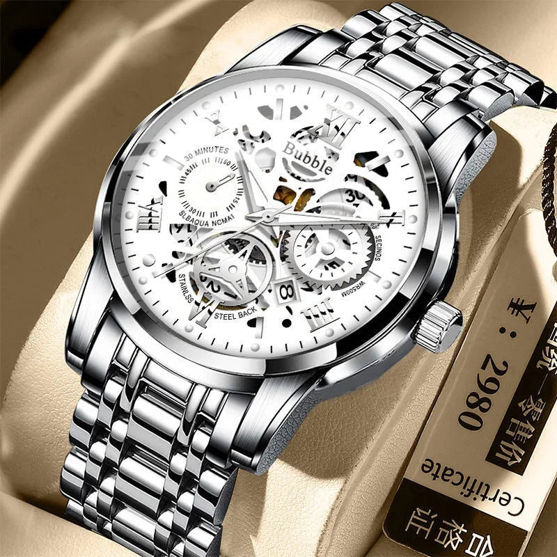 UTHAI men’s watch – A trendy, high-end model offering ‘accessible luxury’ and versatility; a water-resistant quartz watch featuring an openwork dial with Roman numerals.