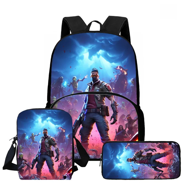 Conjunto de Mochila Fortnite Cartoon de 3 Peças Unissexo para Rapazes e Raparigas, Mochila com Bolso Frontal, Mala a Tiracolo e Estojo, Presente Ideal