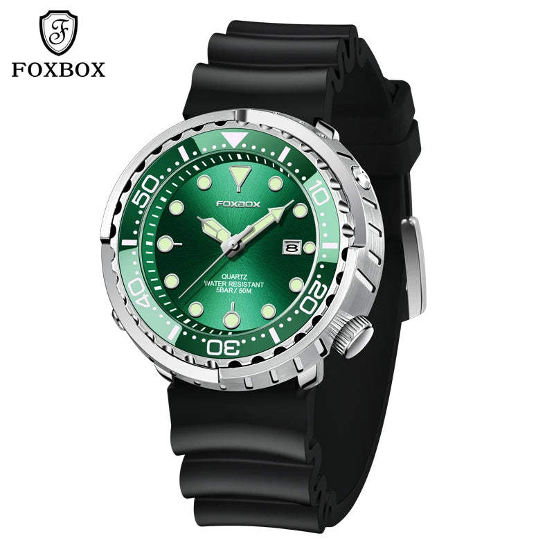 FOXBOX  Top Brand Fashion Diver Watch Men 50ATM Waterproof Date Clock Sport Watches Mens Quartz Wristwatch Relogio Masculino