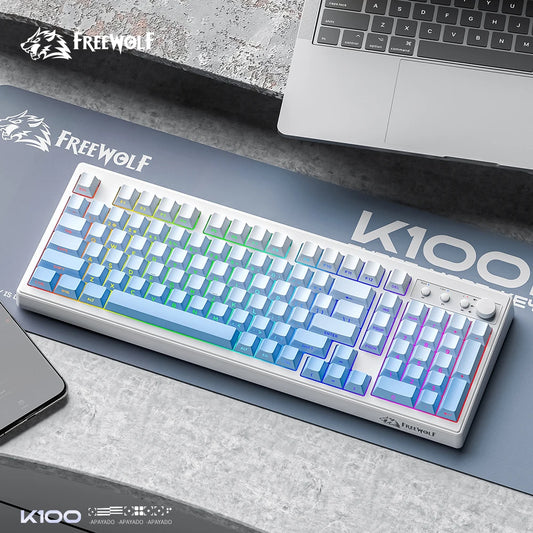 FREEWOLF K100 Wireless Keyboard Quiet with Media Knob|Side-print Backlit|4000mAh|26-Key Rollover Mechanical Feel Keyboard
