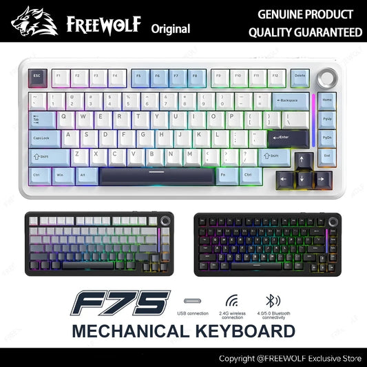 Teclado mecánico F75 FREEWOLF * AULA F75 Bluetooth trimodo, diseñado para gaming y uso de oficina