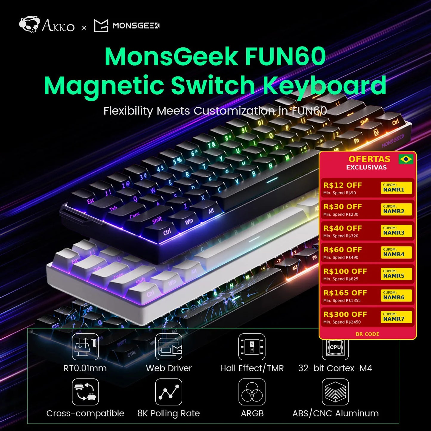 Teclado mecânico Akko MonsGeek FUN60 com interruptores magnéticos 60% Gaming Keyboards Rapid Trigger 0.01mm 8K ARGB HE/TMR personalizado