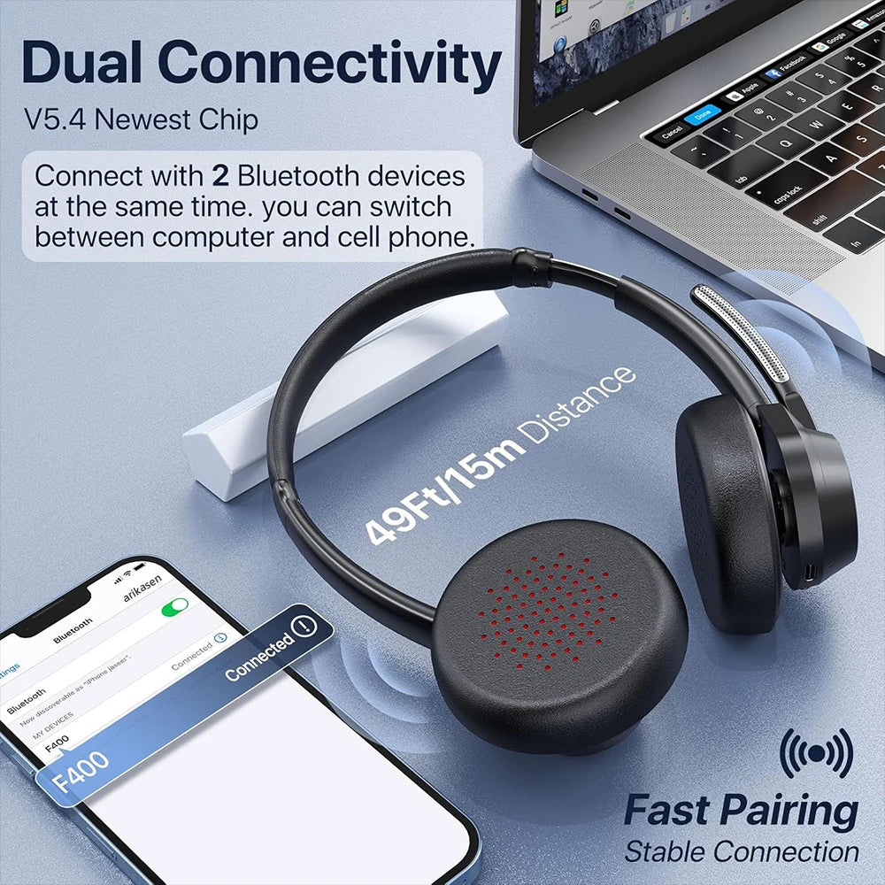 Bluetooth Headset, Wireless Bluetooth V5.4 Headphones with Microphone, Noise Canceling Mic Multipoint Connect Wireless Headset