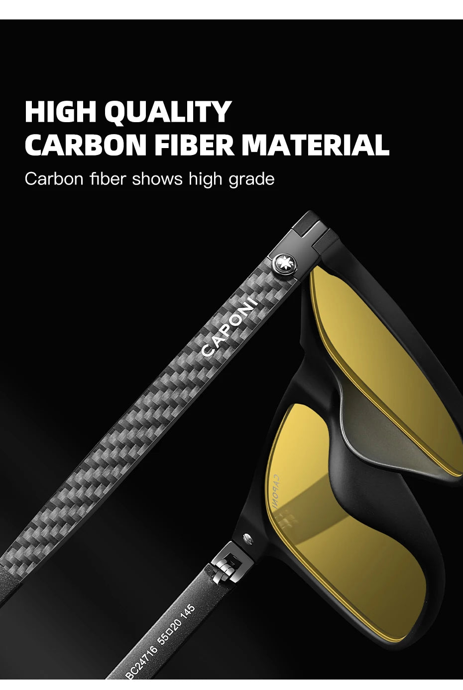CAPONI Night Vision herresolbriller – originale designerbriller i kulfiber, gule solbriller, fotokromatiske briller BSYS24716