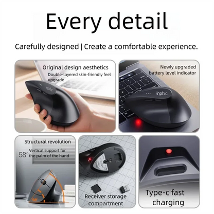 Mouse wireless verticale Inphic X9 PRO, ricarica rapida Type-C, ergonomico e silenzioso, mouse da ufficio per laptop, PC, computer e gaming