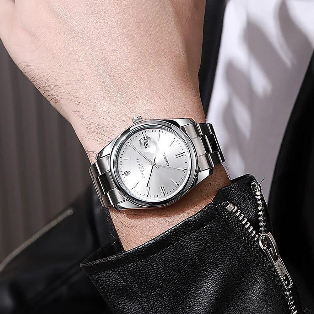 CHRONOS herenpolshorloge – Luxemerk, waterdicht, verlicht, met datumweergave, van roestvrij staal, met quartz-uurwerk.