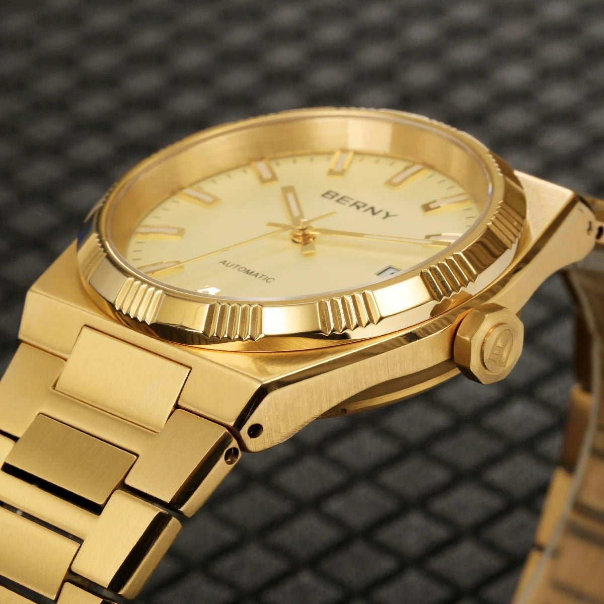 Relógio automático para homem BERNY, dourado, vidro de safira, ponteiros luminescentes, 100 % original, equipado com um movimento PT5000, revestimento antirreflexo, modelo de luxo com luneta intercambiável, estanque até 5 ATM.