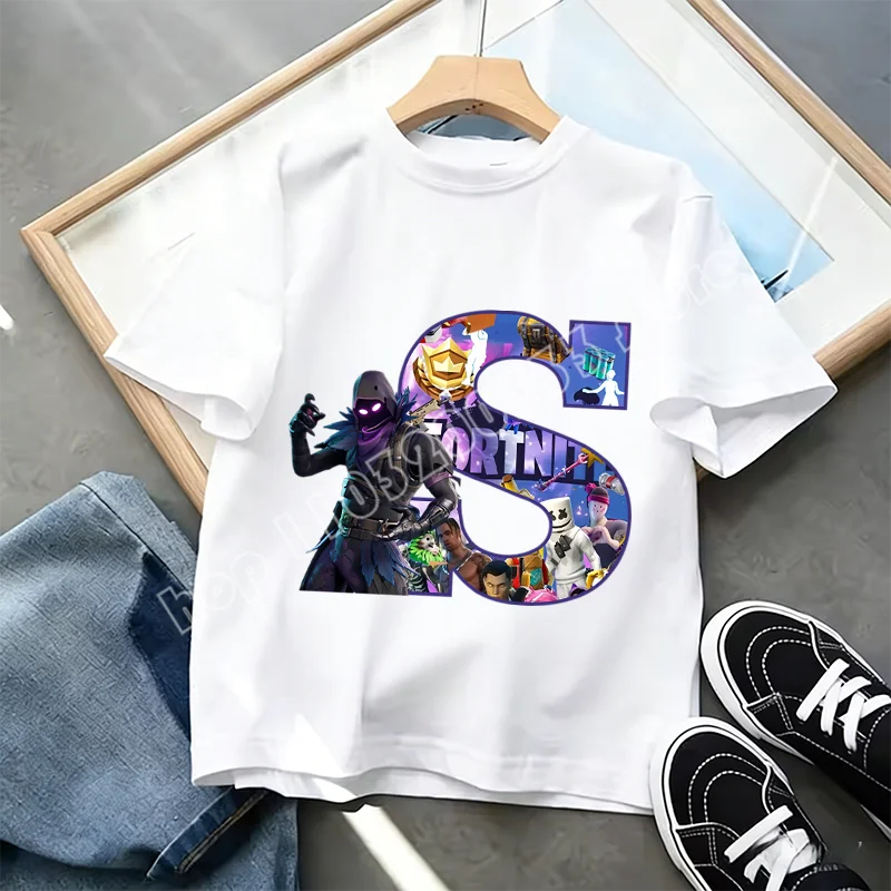 Μπλουζάκι Fortnite με στάμπα αλφαβήτου A-Z για παιδιά, καλοκαιρινό, λευκό, δημοφιλές cartoon game, casual κοντομάνικο τοπ μόδας, ιδανικό για δώρο