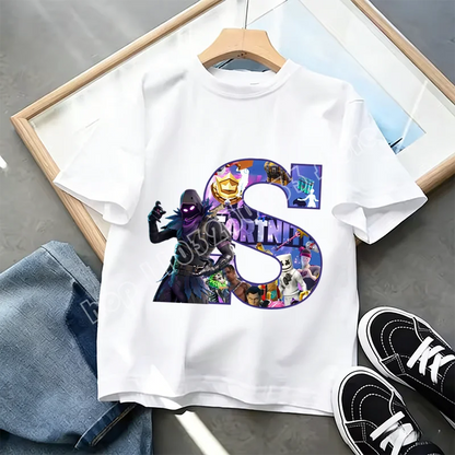 Μπλουζάκι Fortnite με στάμπα αλφαβήτου A-Z για παιδιά, καλοκαιρινό, λευκό, δημοφιλές cartoon game, casual κοντομάνικο τοπ μόδας, ιδανικό για δώρο