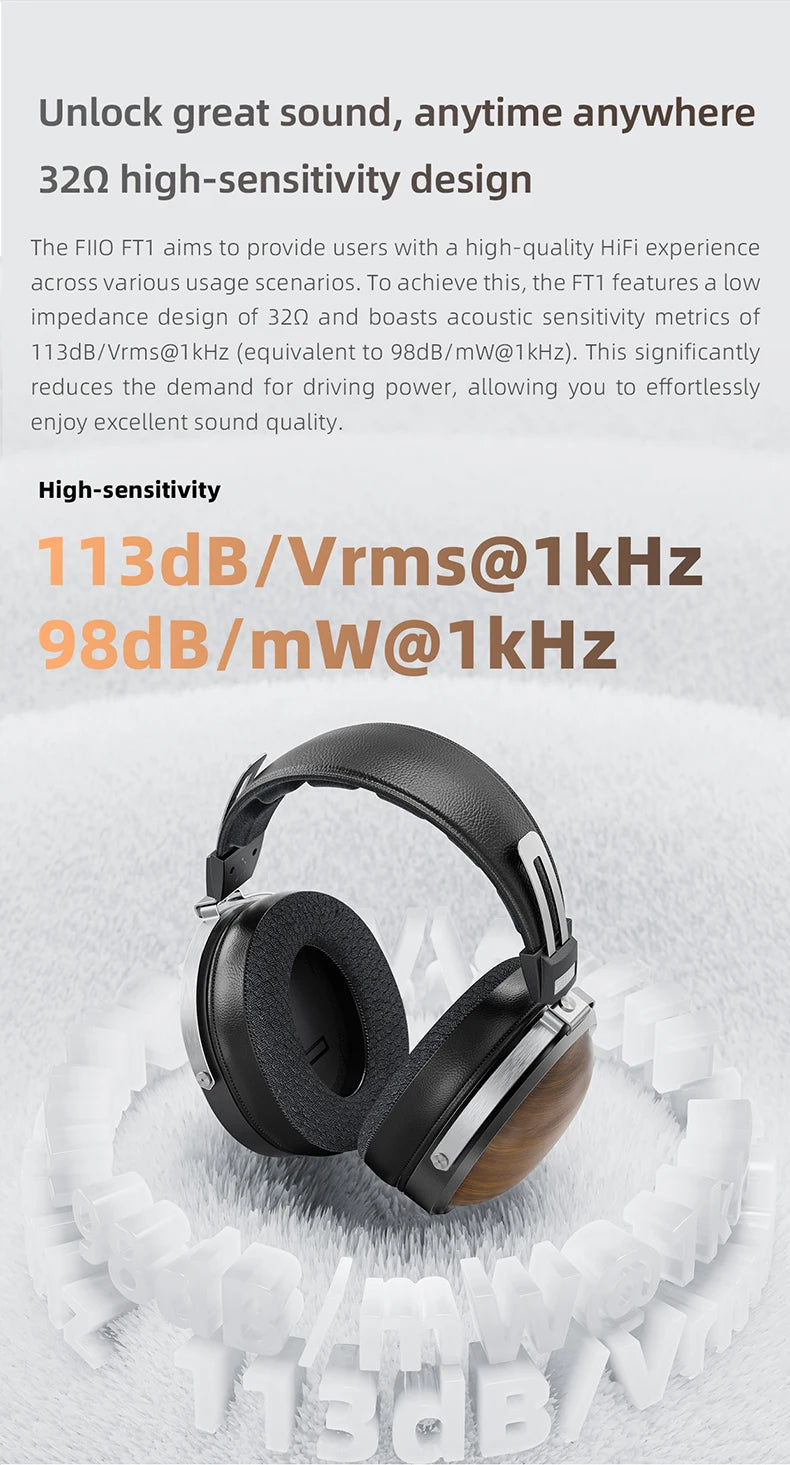 FiiO FT1 Professional Wired HiFi Monitor Headphones – North American Walnut Over-Ear Dynamic Stereo Headset with Leather & Metal Build