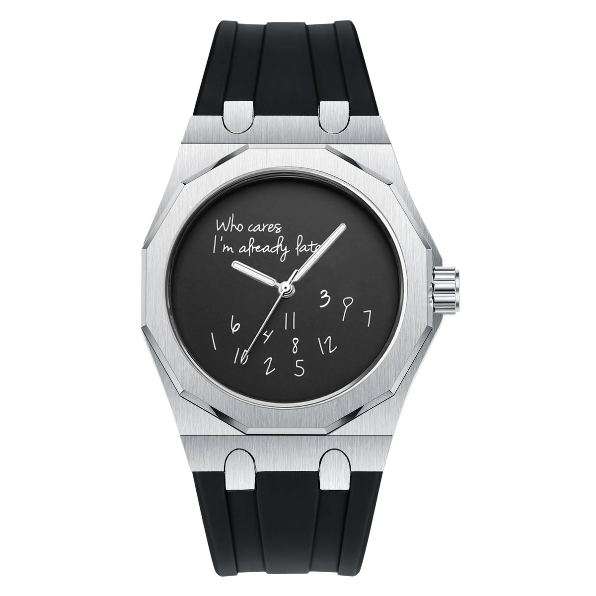 Relógio de luxo para homem com caixa octogonal e bracelete em silicone, à prova de água, dotado de um mostrador com o slogan humorístico «Who Cares I'm Already Late» (E daí, já estou atrasado).