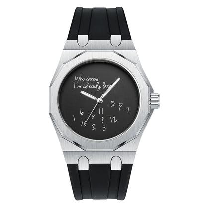 Relógio de luxo para homem com caixa octogonal e bracelete em silicone, à prova de água, dotado de um mostrador com o slogan humorístico «Who Cares I'm Already Late» (E daí, já estou atrasado).