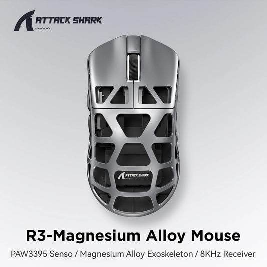 ATTACK SHARK R3 8KHz mus i magnesiumlegering, PixArt PAW3395-sensor, upp till 26000 DPI, 2.4G/BT/trådbunden, 46g superlätt, för PC/Mac