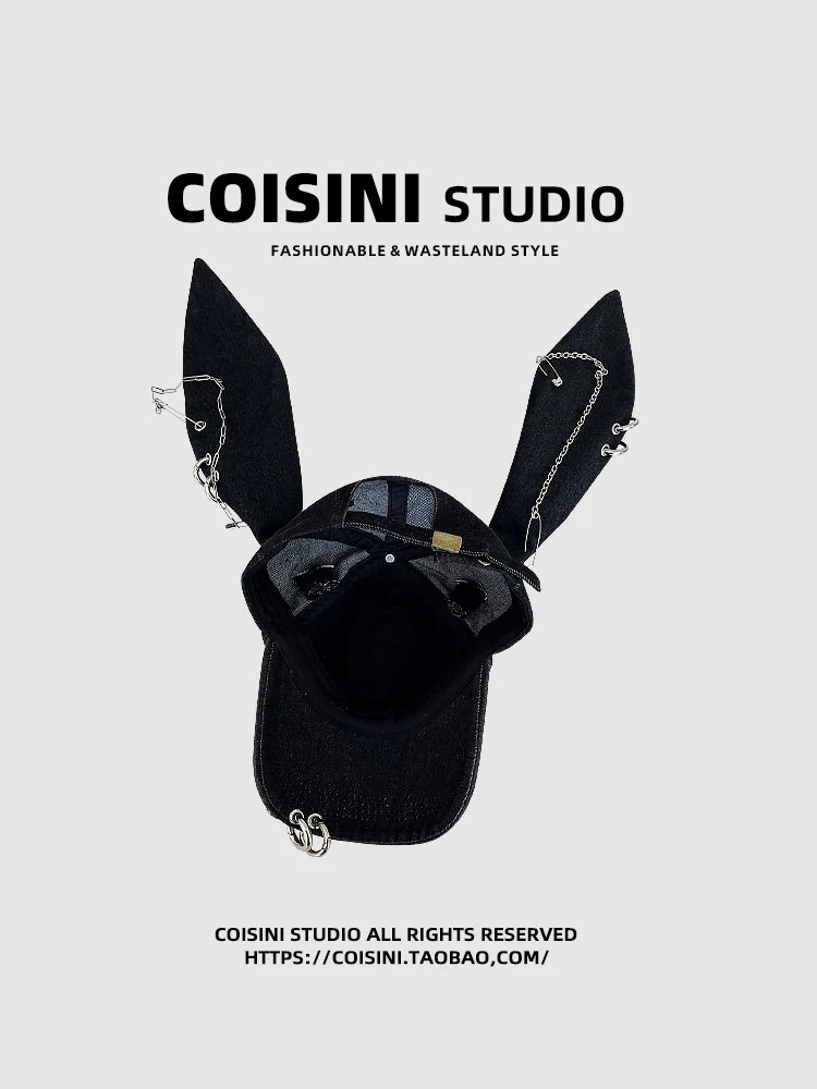 Niche Y2k Rabbit Ears Дънкова бейзболна шапка с разкъсвания за мъже и жени, тъмна, с метален пръстен, уличен стил, регулируема спортна шапка