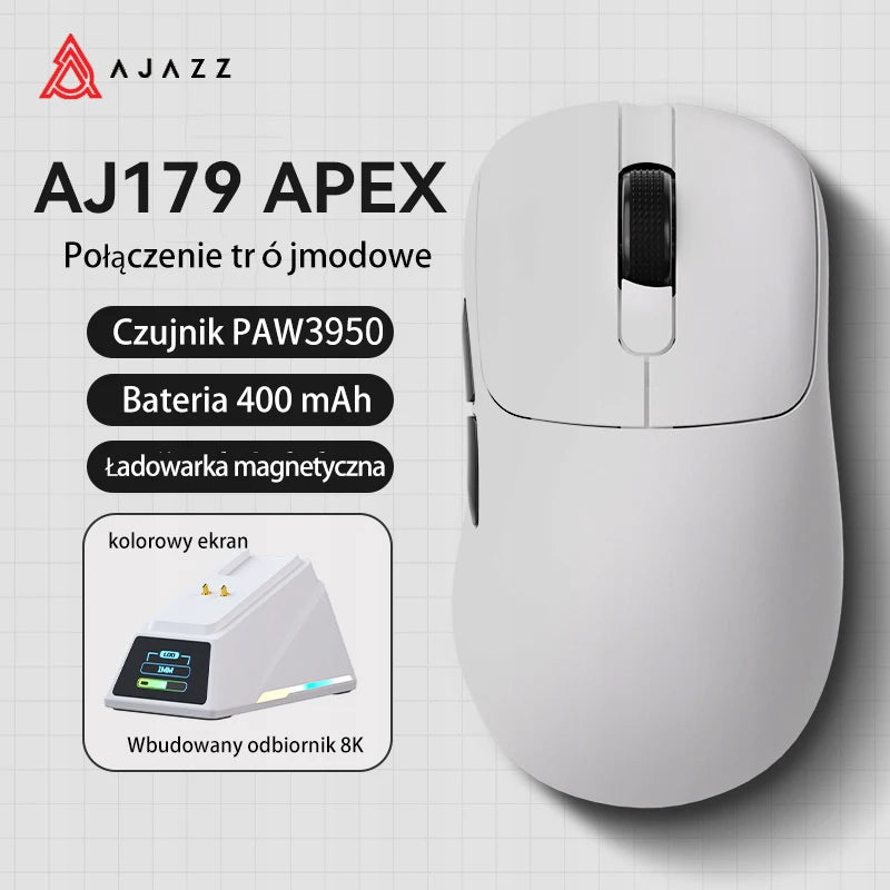 AJAZZ AJ179 APEX Gaming Mouse with Color Screen Dock, Magnetic Charging, 8000Hz High-Frequency /, Tri-Mode (PAW3950) Right-Hande