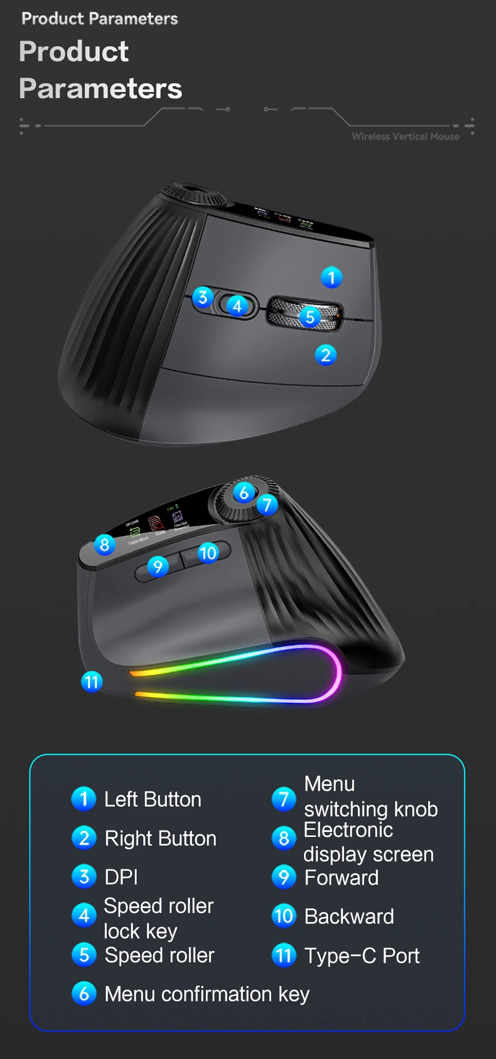 Backlit Wireless Ergonomic Mouse with Smart Flying Scroll, Function Adjustment Knob, Bluetooth & 2.4G Rechargeable Gaming Mouse