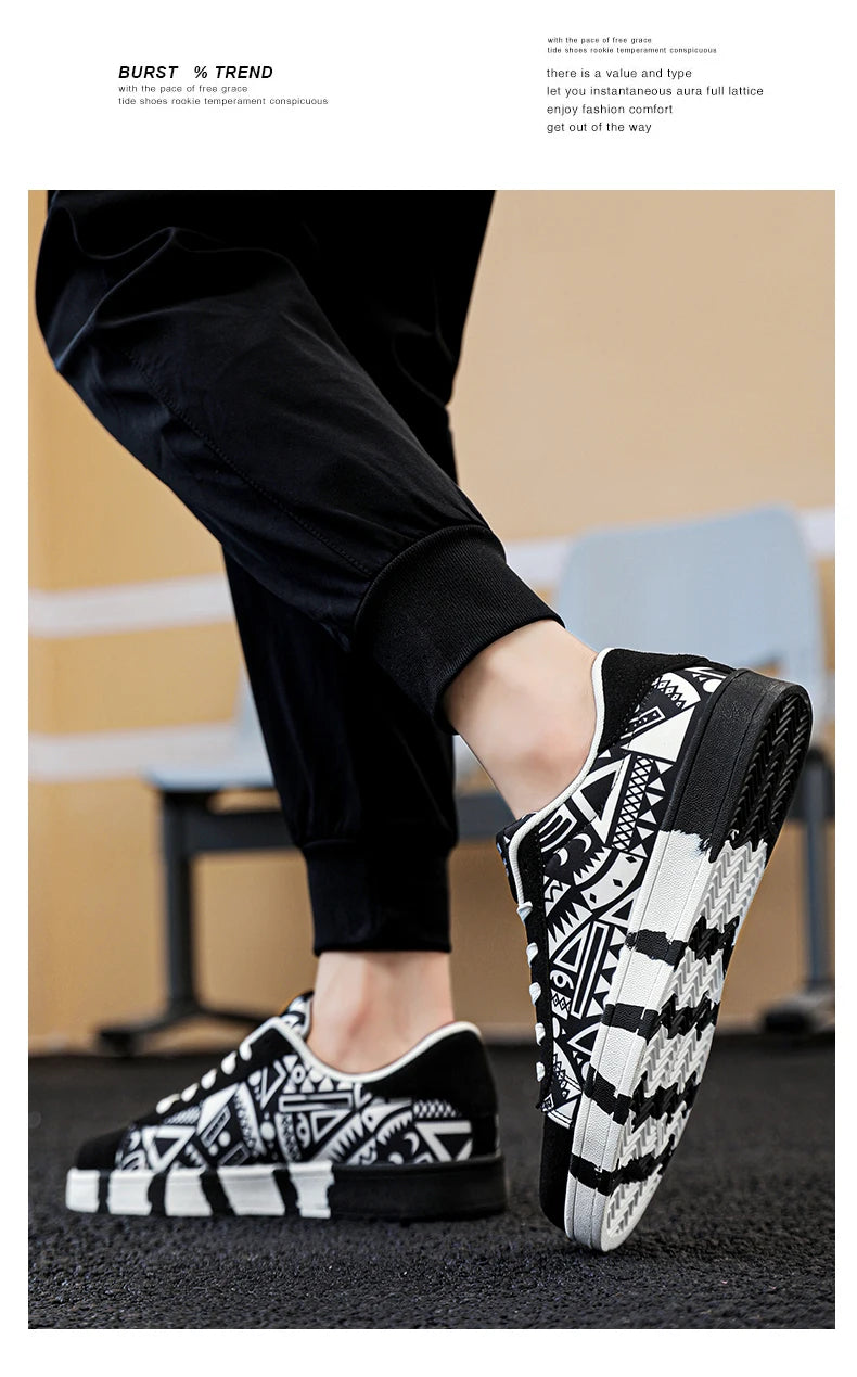 YRZL Scarpe sportive da running da uomo in tela con stile geometrico, sneakers stringate, scarpe da skate da uomo alla moda per coppie con stampa graffiti