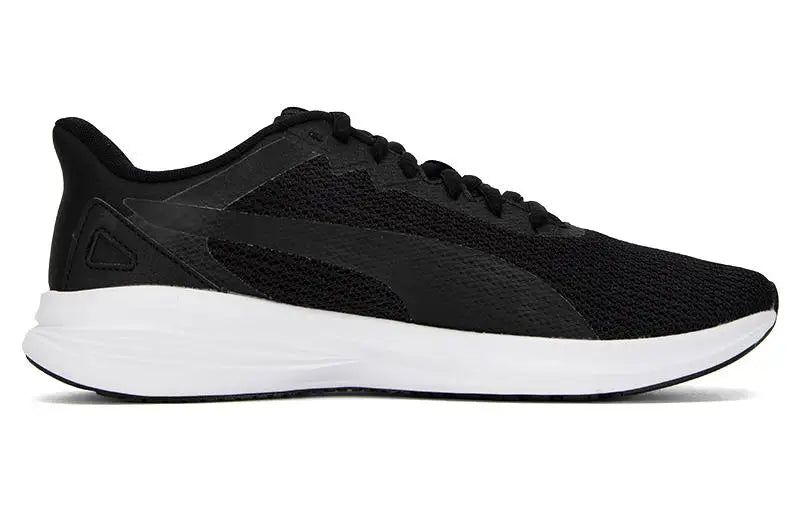 Chaussures de course basses en cuir synthétique moderne Puma Transport, modèle 377030-01, noir et blanc.