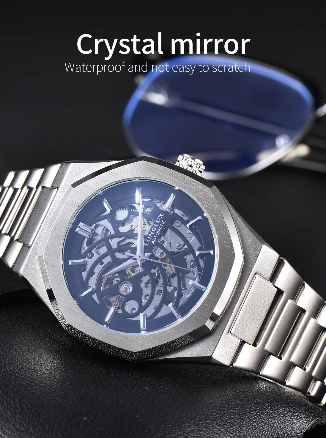 LONGLUX automatic watch business mechanical watches simple skeleton waterproof stainless steel cost effective mens watch gift
