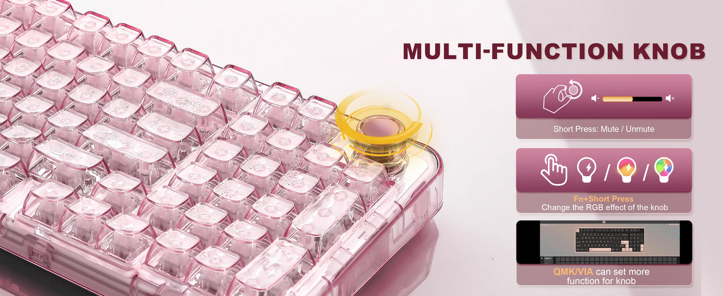 YUNZII X98 Pink QMK/VIA Wireless Transparent RGB Keyboard, Hot-Swap Gasket Mechanical Gaming Keyboard, Pre-lubed Knob Keyboard