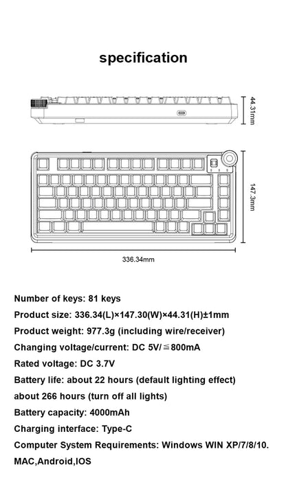 Teclado mecânico gaming esports AULA AU75, três modos, 81 teclas, teclas PBT, hot-swappable, RGB, teclado sem fios para PC desktop e escrita