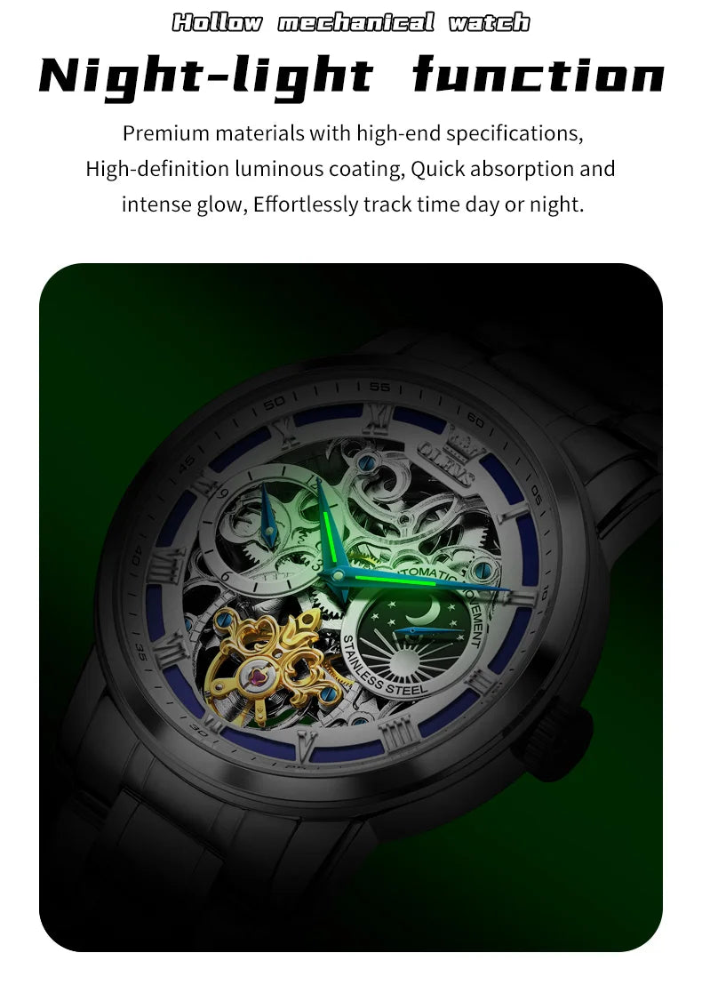 OLEVS 6670 Mens Watch Luxury Brand Skeleton Mechanical Watch Moon Phase Stainless Steel Watches For Man Gifts Box High Quality
