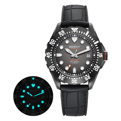 BERNY Men's Automatic Diver Watch Supper Luminous Sapphire AR Coated MIYOTA 8215 316LStainless Steel Single Crown Diving Watches