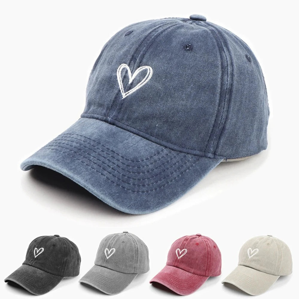 Peach Heart Embroidery Baseball Cap Washed Old Spring Summer Hat Women Men Couple Soft Top