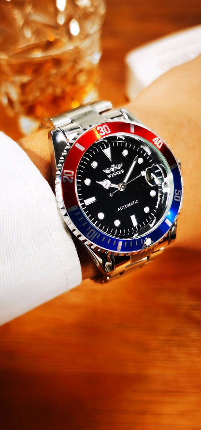 Relógio mecânico clássico para homem – Marca de luxo, estilo profissional, movimento automático, luneta rotativa, mostrador luminescente, bracelete em aço