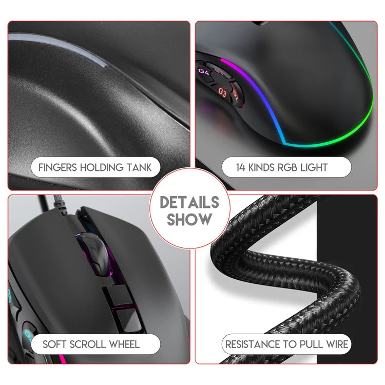 Mouse cablato da gaming e ufficio 7200 DPI con retroilluminazione RGB, 6 livelli DPI regolabili, 10 pulsanti programmabili e pulsante per tornare al desktop