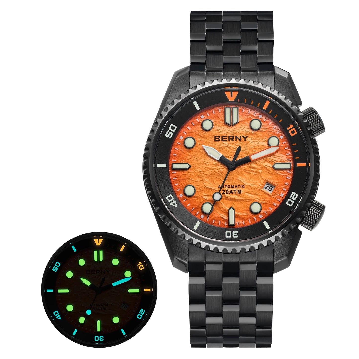 BERNY Automatic Diver Watch for Men Top Luxury Sapphire 316L Steel Blue Dial 200M Waterproof Mechanical Diving Men's Watches