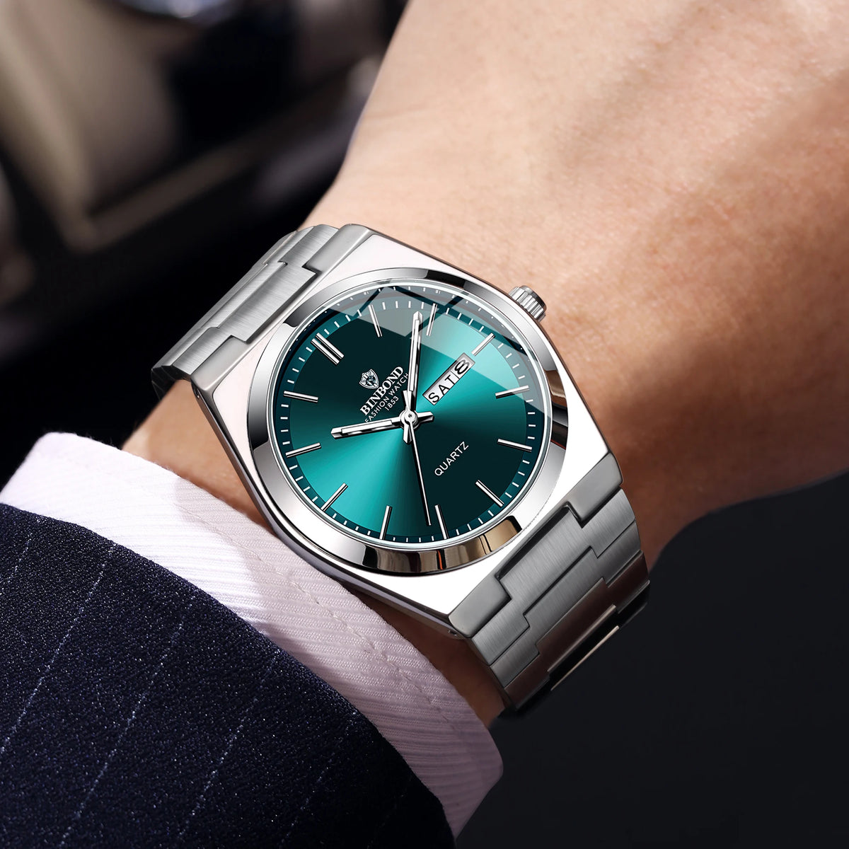 BINBOND luxury quartz wristwatch, luminous, water-resistant, day of the week, automatic date, steel bracelet, business, sport, fashion and casual styles.