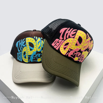 Casquettes de baseball unisexes originales imprimées en 3D avec lettres, casquettes de camionneur respirantes à motifs colorés et à visière pare-soleil, en maille polyvalente