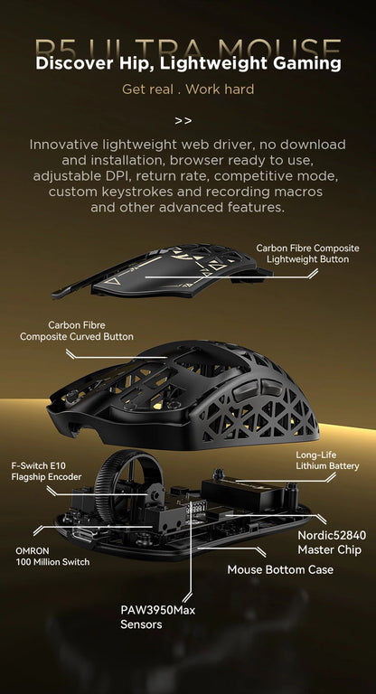 ATTACK SHARK R5 Ultra Carbon Fiber brezžična gaming miška, gaming senzor PixArt PAW3950MAX, 42000DPI, 8000Hz, MCU Nordic 52840